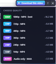 Tessera DM's “Download this video” button with its quality menu: 1080p, 720p, 480p, 360p, 240p, 144p and audio only, each with its file size